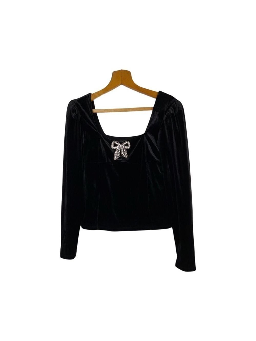 Rachel Zoe Long Sleeve Black Velvet Top With Rhinestone Bow NWT Size M